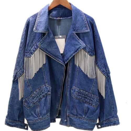 2020 spring autumn new loose heavy work chain tassel denim jacket women pendant motorcycle jeans coat