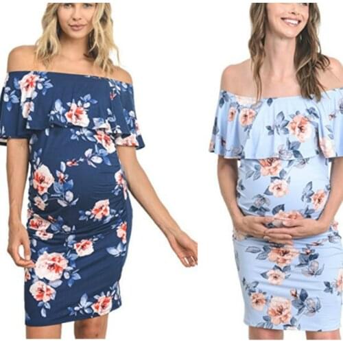 Womens Clothing New Arrivals Maternity Women Dress One-line neck stretch slim print Pregnancy Dresses A lot Spot