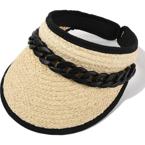 QPALCR Womens Summer Sun Hat Visor Empty Top Chain Decoration Wide Brim Sun Protection Cap Female Raffia Straw Hats Beach Hat