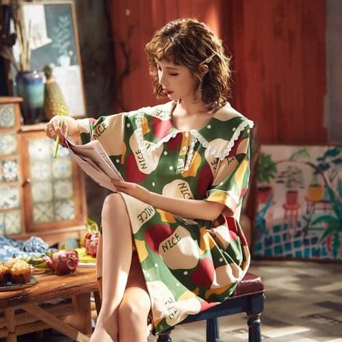 Female Thin Summer Short-sleeved Cotton Princess Loose Nightgown Household Sweet Sleepwear Set