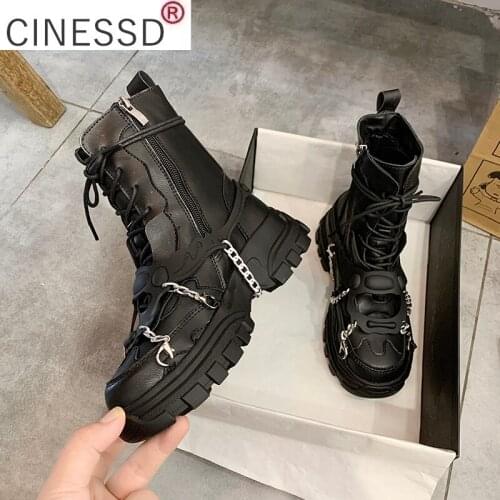 New 2021 Leather Womens Ladies Ankle Boots Mid Heel Lace Up Worker Army Black Goth Shoes Autumn Sexy Chain High Quality