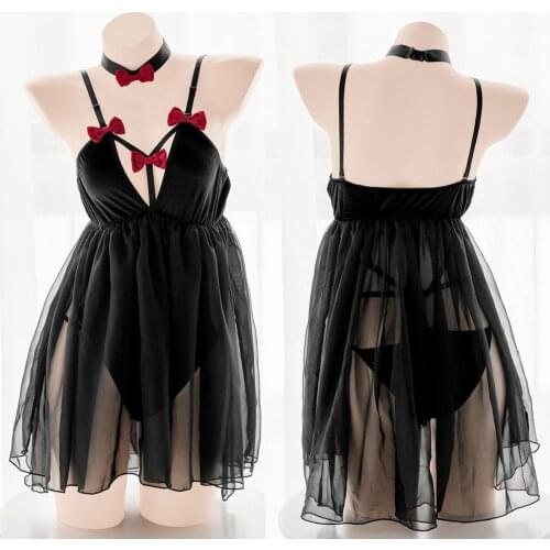 Womens Cute Bow Uniform Underwear Set Gothic Retro Cool Girl Suspender Deep V Bodysuit Elastic Velvet Perspective Dress Sexy