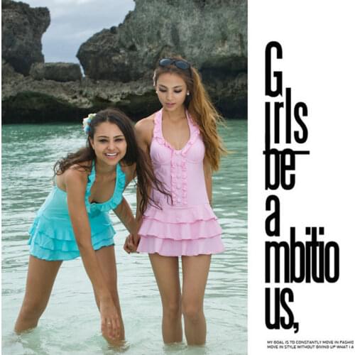 Plus Size Women Girl Sexy Ruffle Halter Swimsuit One Piece Padded Swimwear Bathing Suit Button Layer Swimdress