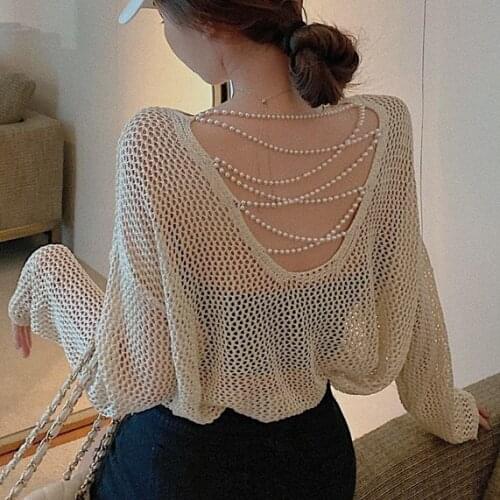 Pearl Chain Cross Backless Mesh Hollow Long Sleeve Women’s Knitted Top Sexy Boho Beach Vacation Korea Spring Summer Clothing New