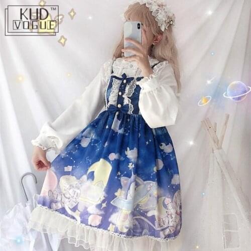 Lolita Kawaii Suspenders Dress Vintage Gothic Jsk Princess Girl Dress Gradient Sky Print High Waist Bowknot Lace Ruffle Sweet