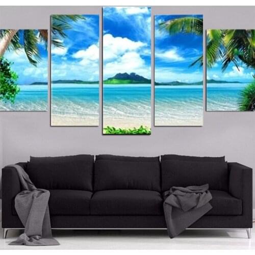 5 Pieces of Modern Art Painting Blue Sky White Clouds Sea Landscape HD Posters Living Room Bedroom Home Decoration Frameless