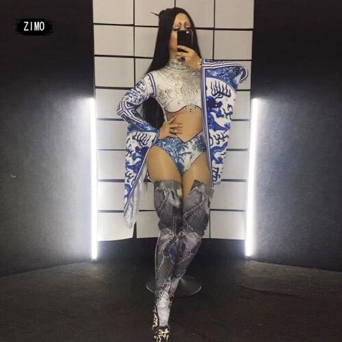 Glisten Rhinestone Chinese Blue White Porcelain Print Sexy Bodysuit for women Singer Stage Show Wear One-piece Costume bar dance