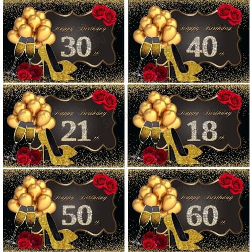Happy Womens Birthday Party Photo Backdrop 18 21 30 40 50 60 70 80th High Heels Gold Balloon Rose Photo Background Photo Studio