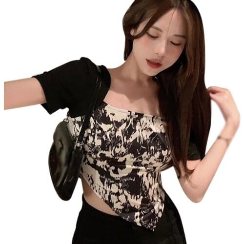 Womens Square Neck Tee Shirt Panel Irregular Slim Short Sleeve T-Shirt Summer Streetwear