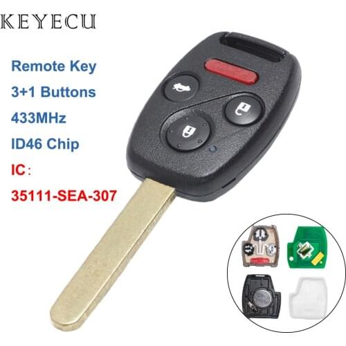Keyecu New Remote Car Key 3+1 ButtonS 433MHz ID46 Chip for Honda Accord 2003 2004 2005 2006 2007, FCC IC: 35111-SEA-307