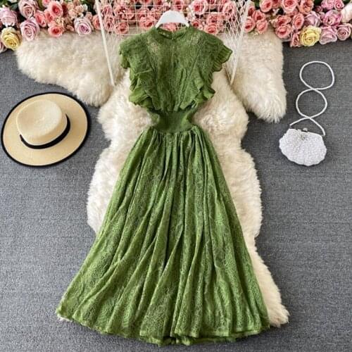2021 Summer Dress Women Sleeveless O-Neck Elastic Waist Lace Dresses Elegant Lady Slim Ruffle Long Dress Party Vestidos K022
