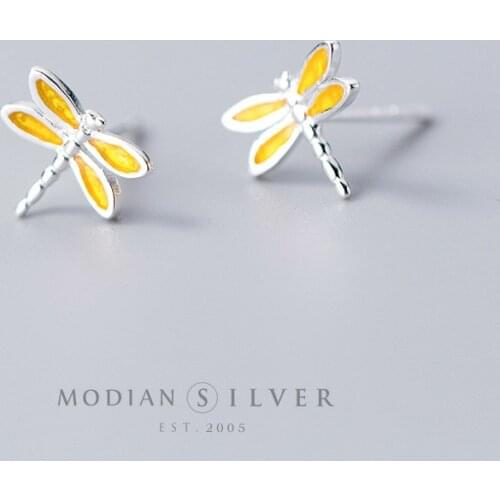 Modian Tiny Sweet Insect Small Ears Pin 100% 925 Sterling Silver Yellow Enamel Dragonfly Stud Earrings For Women Fine Jewelry