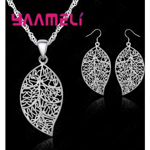 Classic Jewelry Best Genuine 925 Sterling Silver Jewelry Sets Earring Hook Leaf Pendant Necklaces+18" Singapore Chain