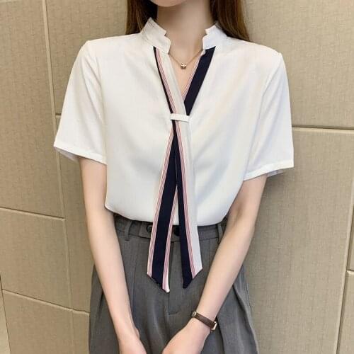 2021The New Fashion necktie All-match Womens Blouses Chiffon Women Blouses Short sleeve Shirts summer Ladies Tops