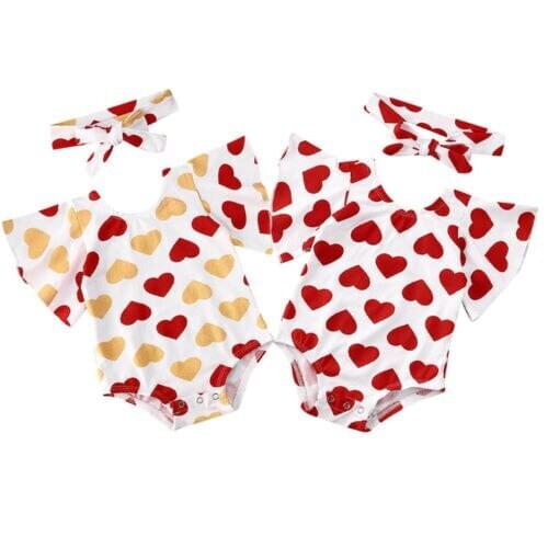 New Sweet Newborn Baby Girl Valentines Day Jumpsuit Ruffle Short Sleeve Love Heart Bodysuit Headband Outfit Baby Clothes