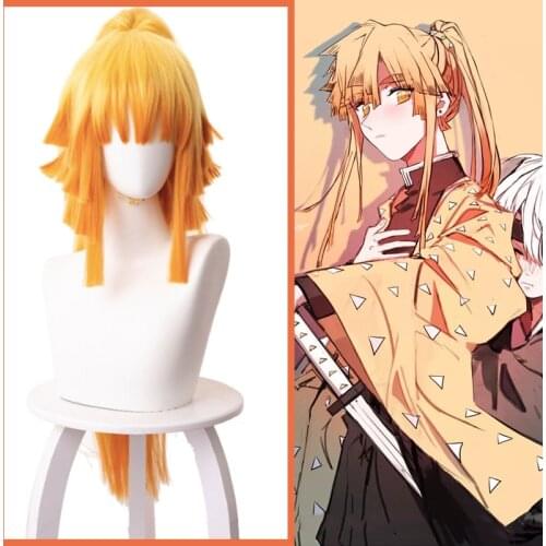 Anime Comic Demon Slayer Kimetsu no Yaiba Cosplay Wigs Agatsuma Zenits Cosplay Wig Synthetic Wig Orange Long Women Version Wigs