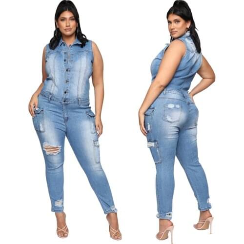 Casual Slim Sleeveless Stretch Ripped Jeans Jumpsuit Denim Playsuit 2021 Summer Cotton Plus Size Party Club Overalls Cargo Pants