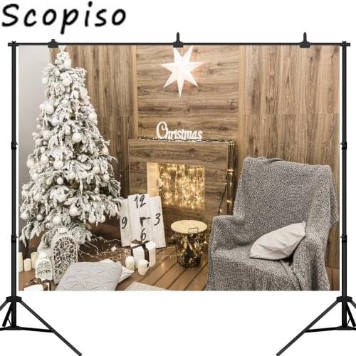 Scopiso Christmas Backdrop White Star Lantern Decoration Wooden Board Presents Tree Indoor Photo Background Studio Prop