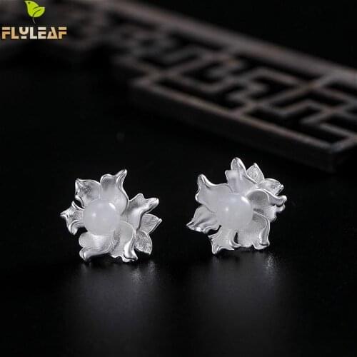 Flyleaf 100% 925 Sterling Silver White Jade Flowers Stud Earrings For Women Chinese Classical Style Handmade Luxury Jewelry