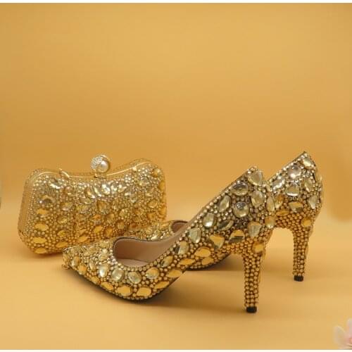 Champagne Pointed Toe Crystal Wedding Shoes With Matching Bags Women High Heels Shoes Party Dress Shoes And Bags Party Purse