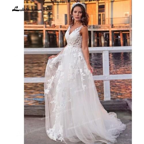 A-Line/Princess Tulle Wedding Dress Sleeveless Applique V-Neck Low Backless Floor-Length Sweep Train Vintage Beach Bridal Gowns