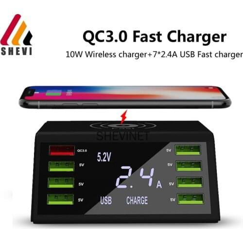 Multi USB Charger 8 Port Lcd Qi Wireless Charger For Iphone X 8 Plus Quick Charge QC 3.0 Fast Charger For Samsung S10 S9 Xiaomi