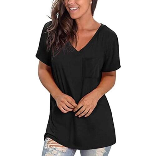 Summer Womens Hedging Solid Color Short Sleeve V-neck Pocket Hem Split Fork Loose T-shirt