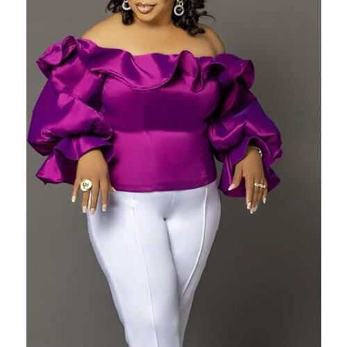 Womens Sexy Ruffled Shirt Purple Slim Lantern Sleeve Long Sleeve Shirt Casual Blouse