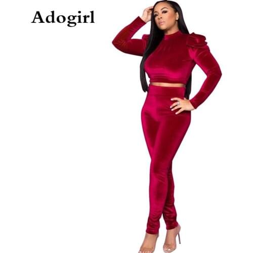Velvet Two Piece Sets Fashion Outfits Women Mock Neck Puff Sleeve Backless Crop Top+Pencil Pants Tracksuit Femme Sports Outfis