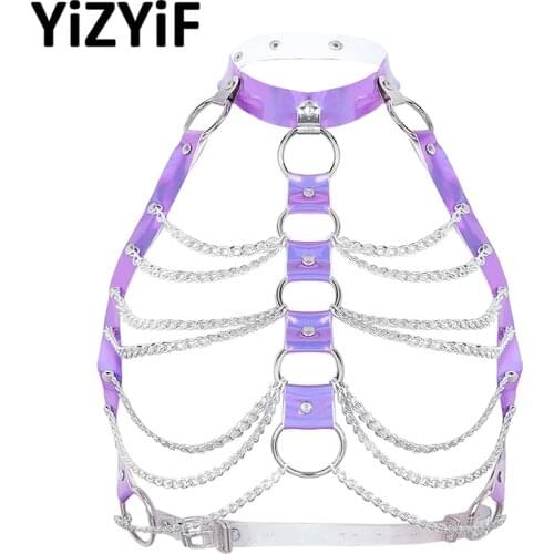 Women lingerie Gothic Harness Bra garter belt Dazzle Colour PVC Halter Neck Body Bust Harness Belt Roleplay Costume Clubwear