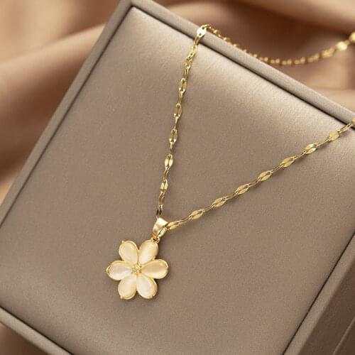 Elegant Stone Inlaid Six Flower Pendant Women Necklace Female No Fade Gold Color Stainless Steel Chokers Necklaces Jewelry Gift