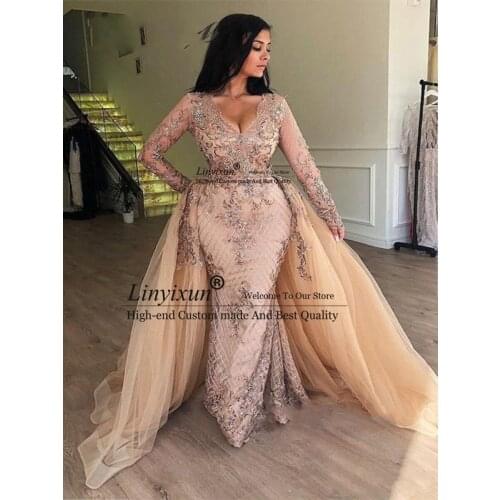 Arabic Champagne Sequin Mermaid Evening Dresses with Detachable Skirt V-Neck Dubai Women Prom Dresses Long Sleeves robe de soire