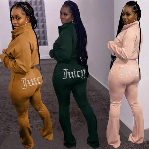 YICIYA 2021Autumn Winter Women Casual Sports Two Piece Set Top Solid Zipper And Flared Trousers Pants Tracksuit Sweatsuit Outfit