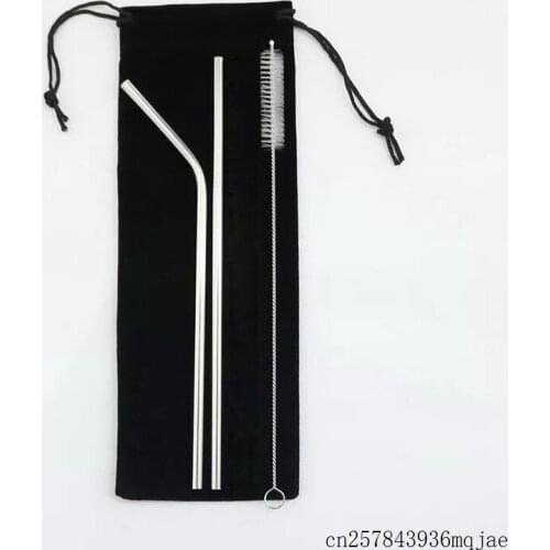 100Sets Straight Bent Drinking Straws Stainless Steel Straws Cleaning Brush Black Straw Bag Pouch