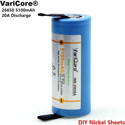 2PCS VariCore 26650 5100mAh Li-ion 3.7v Rechargeable Battery Discharge 20A 3.6V Power batteries + DIY Nickel Sheets