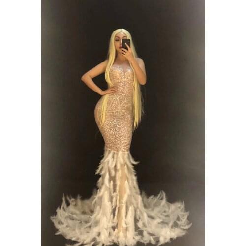 2019 Sexy See Through Mesh Rhinestones Dress Evening Party Birthday Celebrate Feather Dress Singer Costume Long Net Yarn Dress