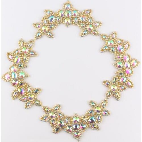 30pcs/lot)Wholesale Gold AB Crystal Rhinestone Appliques Patch Hot-Fix Beaded Applique Trim For Girl Headbands Garter