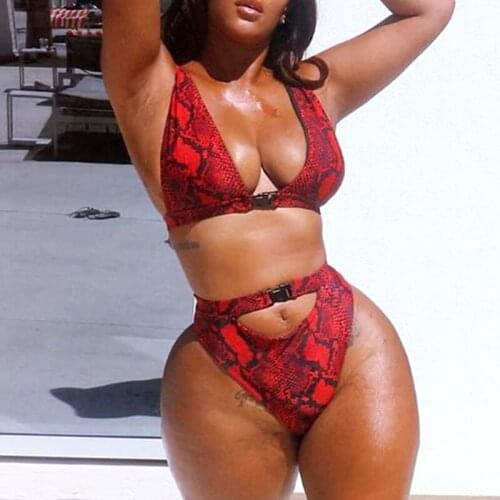 2021 Snake Print Push up Bikini High Waist Swimsuit Women Buckle Belt Swimwear Female Brazilian Bikini set High cut Bathing Suit