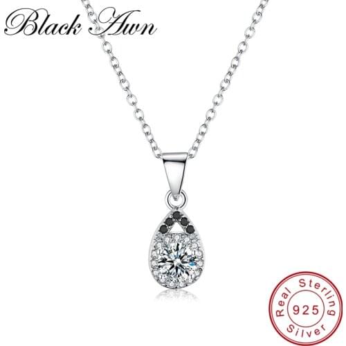 [BLACK AWN] Genuine 100% 925 Sterling Silver Jewelry Slide Necklace for Women Water-Drop Bijoux Femme Necklaces Pendants P080