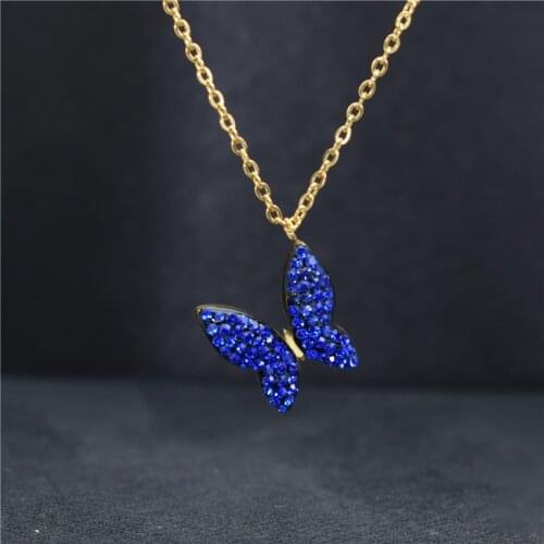 Unique Stainless Steel Gold Chain CZ Blue Butterfly Necklace For Women Bijoux Femme Pineapple Choker Necklaces Birthday Gift BFF