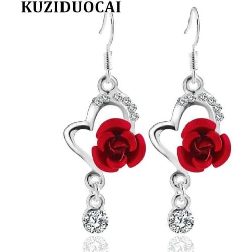 Kuziduocai New Fashion Excellent Crystal Jewelry Plated Silver Color Heart Rose Flower Stud Earrings For Women E-659