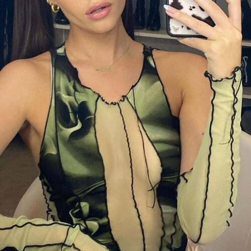 Trendy Personalized Irregular Cool Girl Sexy Long Sleeve T-shirt Mesh Sheer Print Pullover Patchwork Off-shoulder Hollow Out Top
