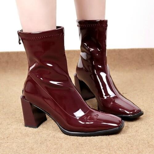 New Strange Style Square Heel Winter Ladies Shoes Fashion Square Toe Patent Leather Short Boots Comfortable Autumn Ankle Boots