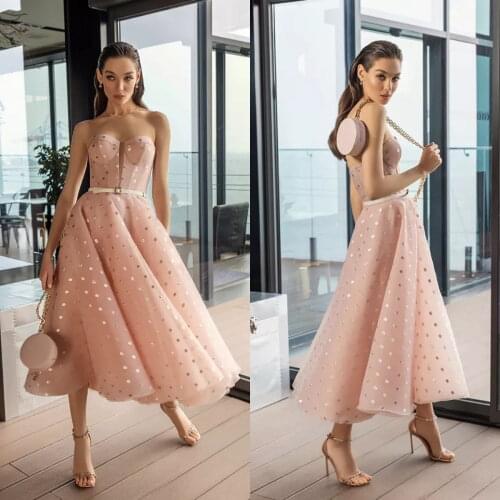 Blush Pink Cocktail Dresses with Belt Sweetheart Tulle Tea Length Lace A Line Prom Dress Custom Made Formal Party Gowns