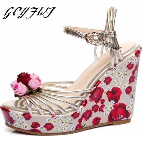 Women Sandals Summer Flat Platform Buckle Girl Shoes Colorblock Vintage Flower Fish Mouth High Heel Breathable Chaussure Femme