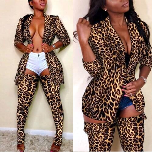 Sexy leopard print 2 piece Set women Outfits suits long sleeve Coat and Stockings ladies two piece matching sets sexy clubwear