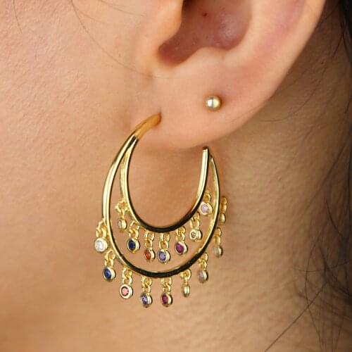 2019 New Jewelry rainbow cz drop charm Hoop earring Gold filled colorful cz geometric trendy Women Feminine fashion jewelry