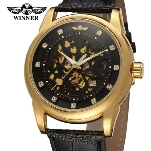 Stylish WINNER Skeleton Black Dial high-end clear stones Alloy Case watches men luxury brand saat automatic movt /WRG8097M3G3