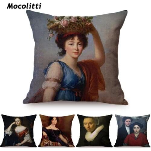European Style Vintage Noble Woman Self-Portrait Home Decorative Throw Pillow Case Chic Ancient Woman Print Sofa Cushion Cover
