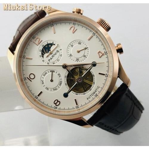 Parnis new 43mm rose gold case white dial date leather strap waterproof automatic mens top leisure flywheel mechanical watch